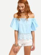 Shein Lace Trimmed Off-the-shoulder Bell Sleeve Top - Baby Blue