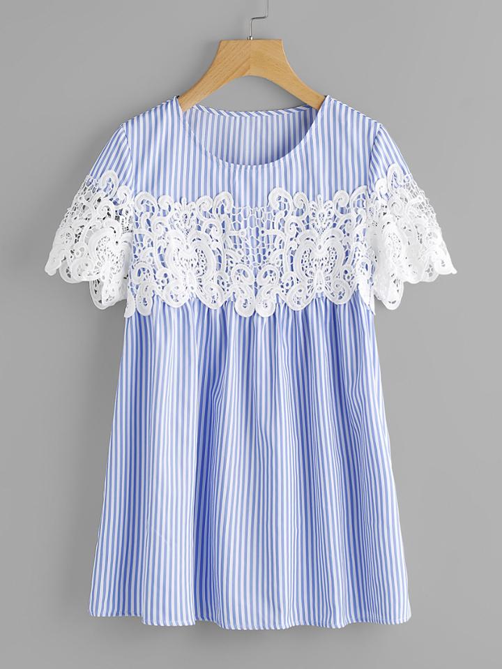 Shein Lace Applique Striped Smock Top
