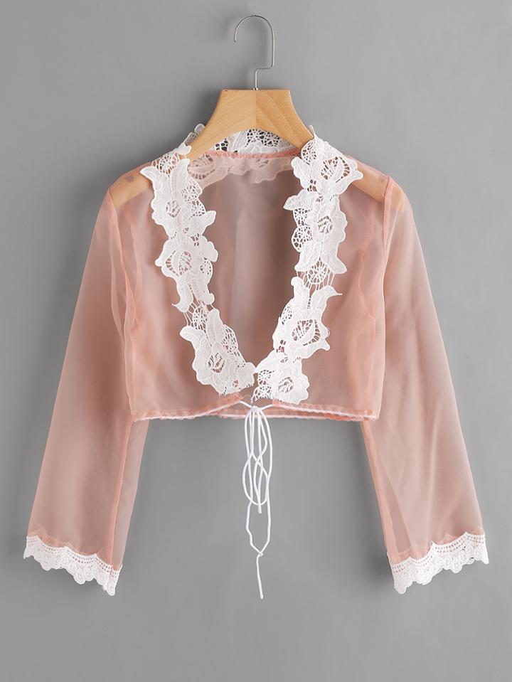 Shein Contrast Crochet Lace Trim Drawstring Blouse