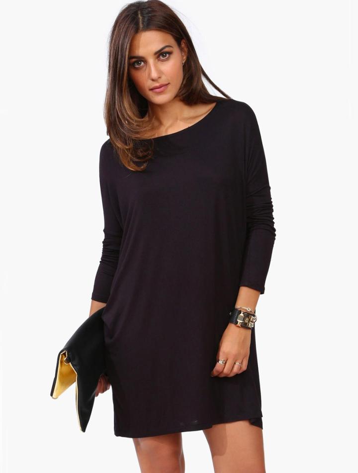 Shein Black Round Neck Long Sleeve Loose Dress