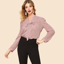 Shein Tie Neck Semi Sheer Dot Jacquard Top