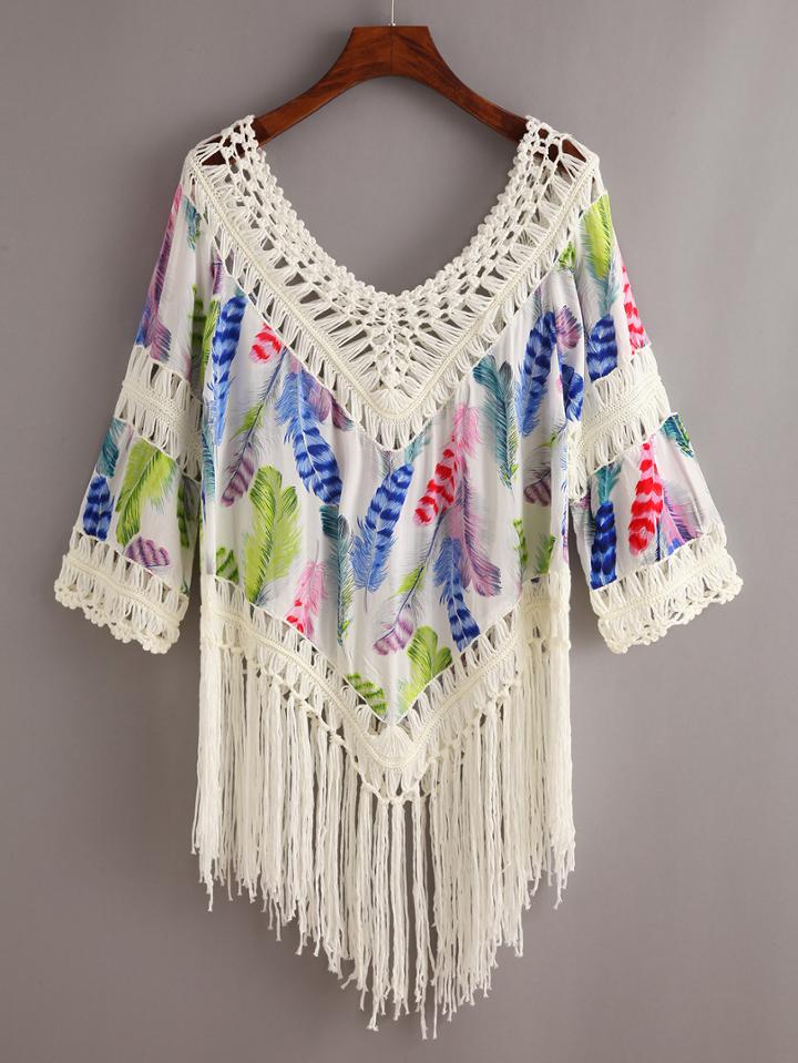 Shein Crochet Trimmed Fringe Feather Print Top