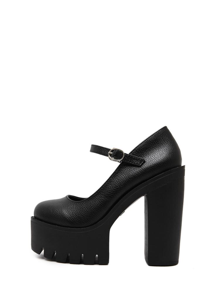 Shein Black Round Toe Buckle Platform Chunky Pumps