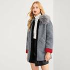 Shein Faux Fur Collar Contrast Trim Teddy Coat