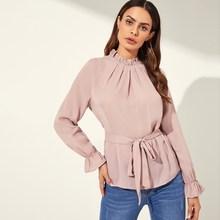 Shein Frilled Neck Keyhole Back Self Belted Top