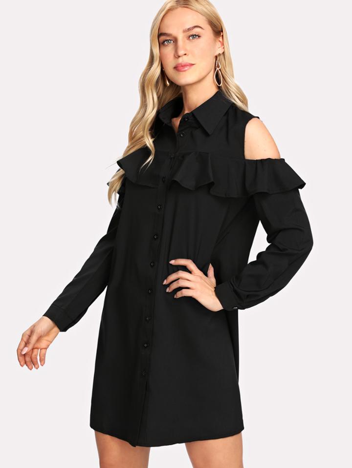 Shein Open Shoulder Ruffle Trim Shirt Dress