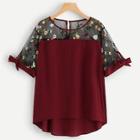 Shein Plus Flower Embroidered Mesh Contrast Tie Detail Blouse