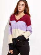 Shein Color Block V Neck Fluffy Sweater
