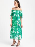 Shein Palm Leaf Print Tie Cuff Bardot Dress