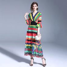 Shein Floral Print Block Stripe Bell Sleeve Dress