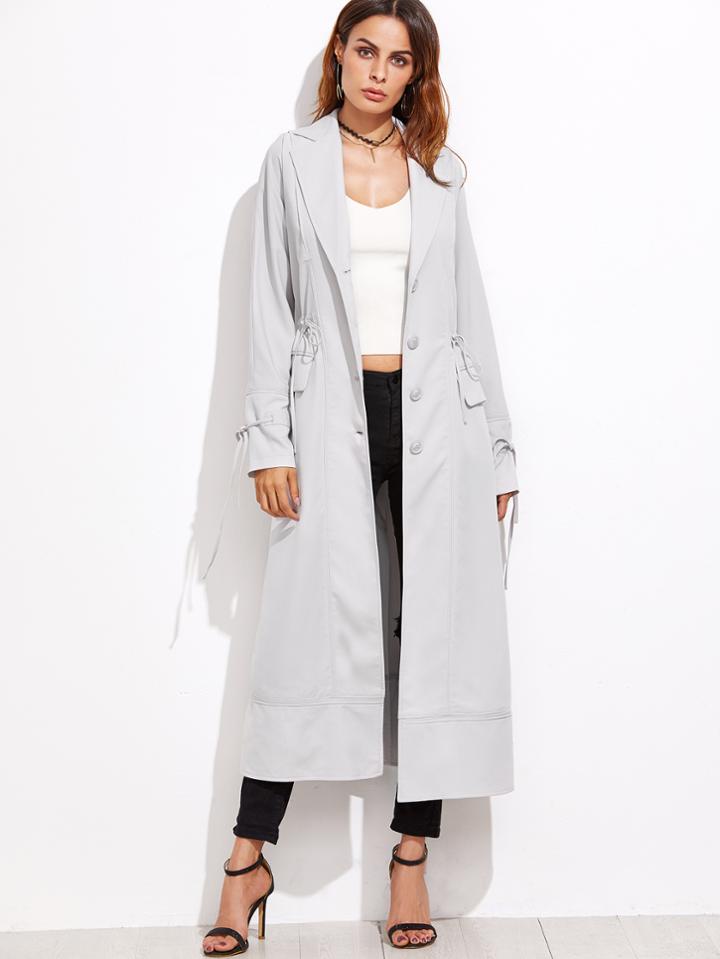 Shein Grey Drawstring Waist And Cuff Long Coat