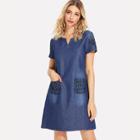 Shein Embroidered Pocket Front Denim Dress