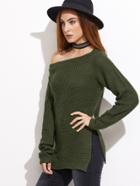 Shein Olive Green Waffle Knit Asymmetric Off The Shoulder Sweater