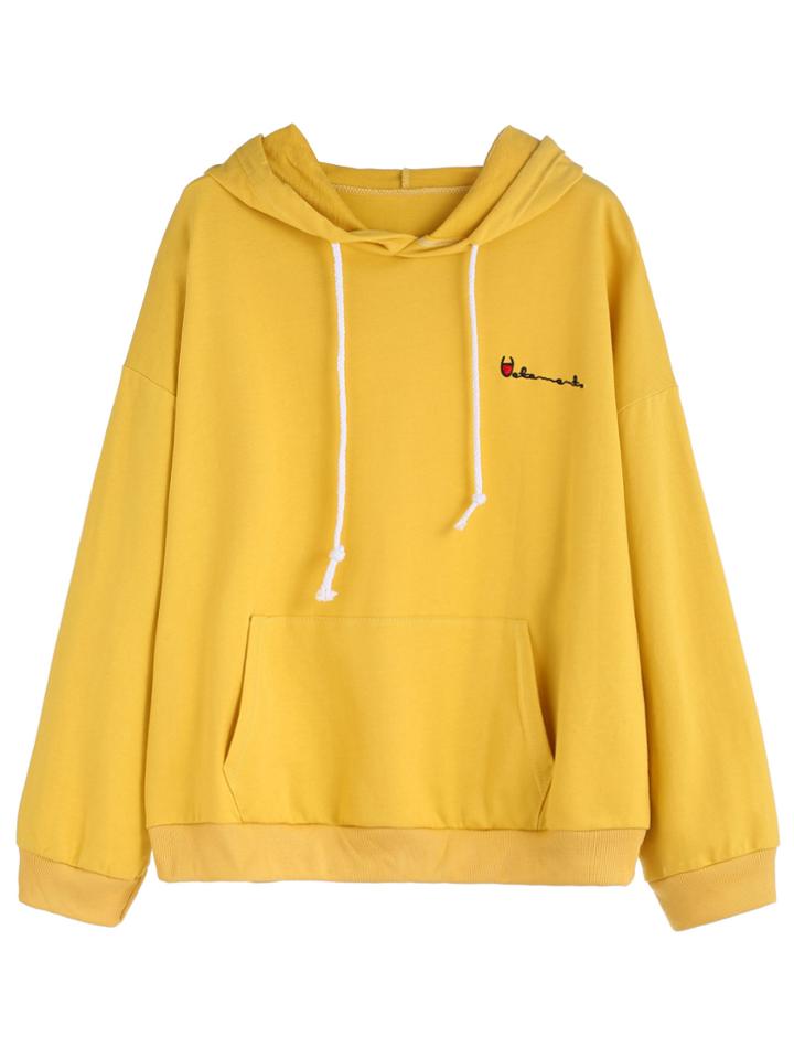 Shein Yellow Letters Embroidered Pocket Hooded Sweatshirt