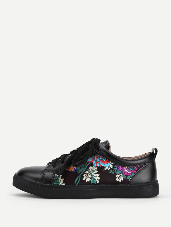 Shein Flower Embroidery Lace Up Trainers