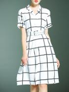 Shein White V Neck Belted Check A-line Dress