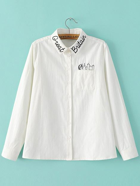Shein White Letter Embroidery Blouse With Pocket