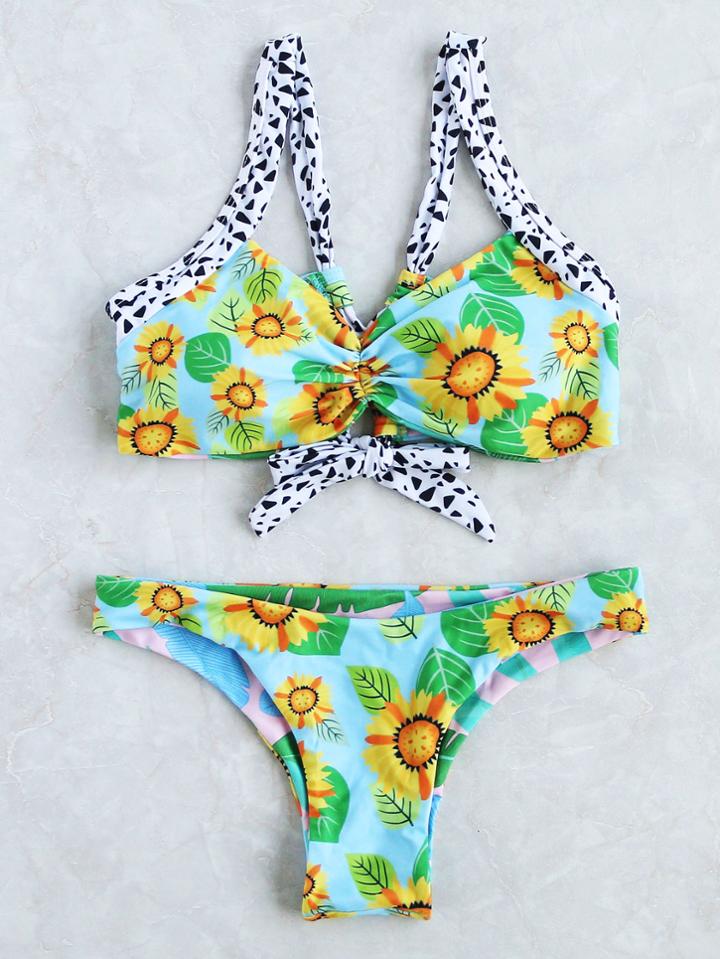 Shein Calico Print Tie Back Reversible Bikini Set