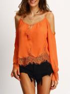 Shein Tassel Detail Open Shoulder Lace Trim Blouse