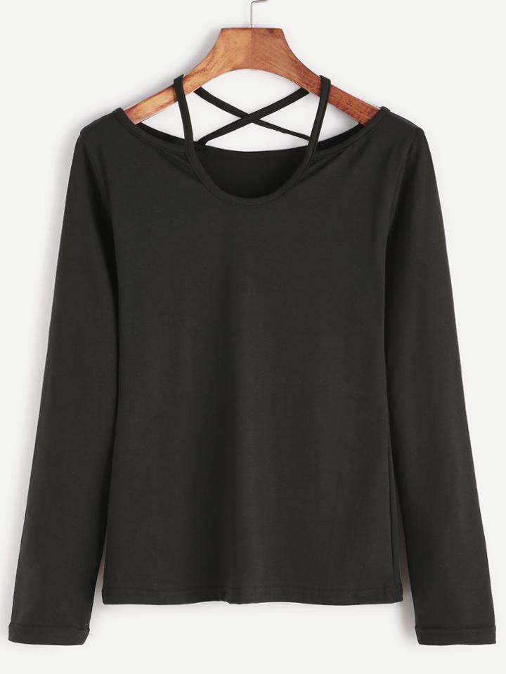 Shein Black Lattice Back Long Sleeve T-shirt