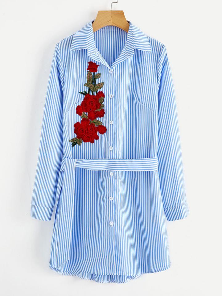 Shein Vertical Striped Embroidered Applique Shirt Dress