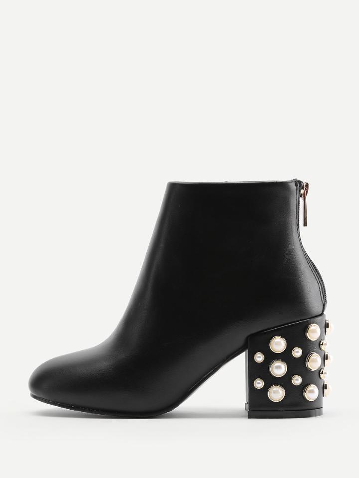 Shein Faux Pearl Back Zipper Pu Ankle Boots
