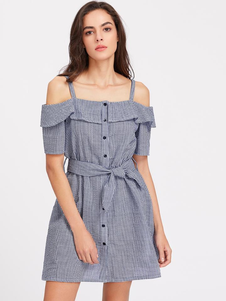 Shein Ruffle Open Shoulder Button Up Belted Gingham Dress