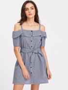 Shein Ruffle Open Shoulder Button Up Belted Gingham Dress