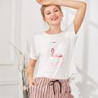 Shein Flamingo Print Tee & Striped Shorts Pj Set