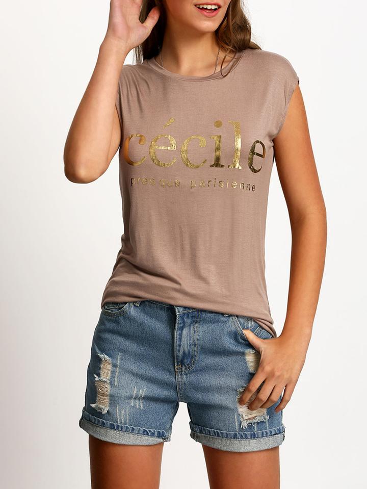 Shein Coffee Crew Neck Letters Print T-shirt