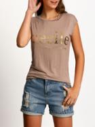 Shein Coffee Crew Neck Letters Print T-shirt