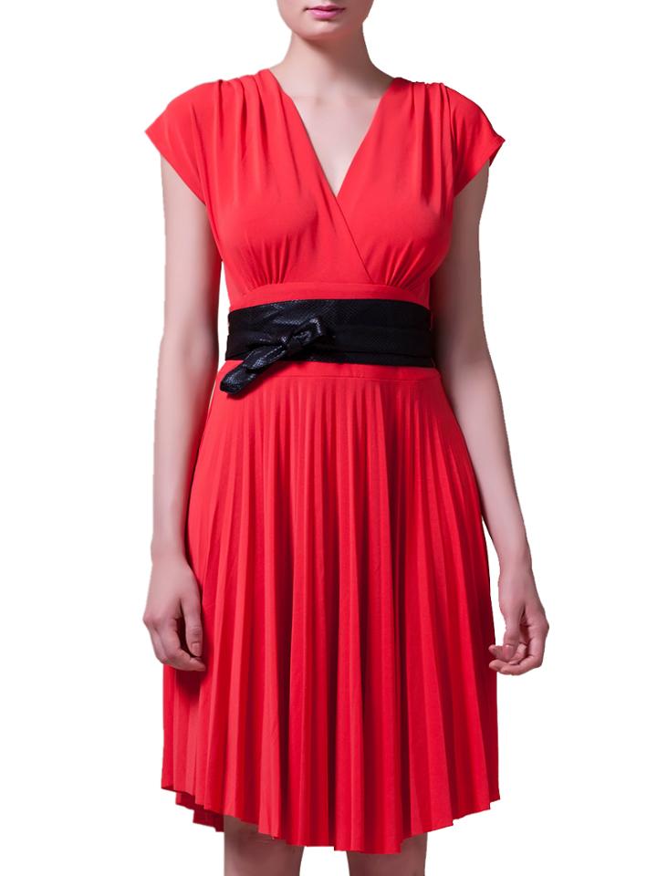 Shein Red V Neck Pleated A-line Obi Dress