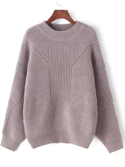 Shein Brown Crew Neck Hollow Knit Sweater