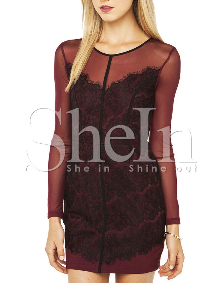 Shein Dark Red Aubergine Long Sleeve Sheer Lace Insert Bodycon Dress