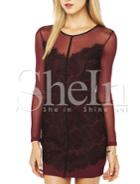 Shein Dark Red Aubergine Long Sleeve Sheer Lace Insert Bodycon Dress