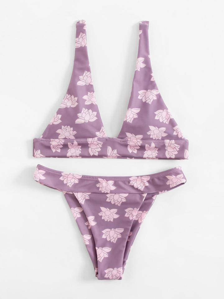 Shein Calico Print Plunge Bikini Set