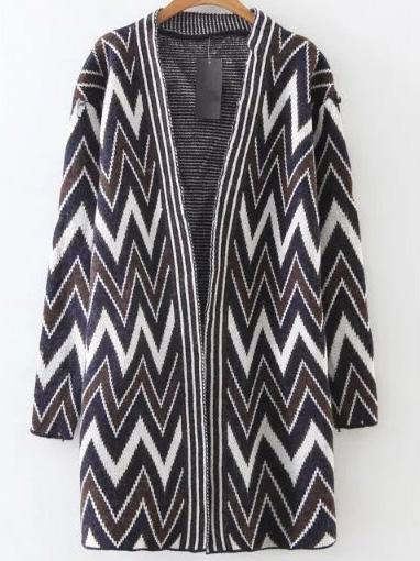 Shein Navy Chevron Pattern Collarless Long Cardigan