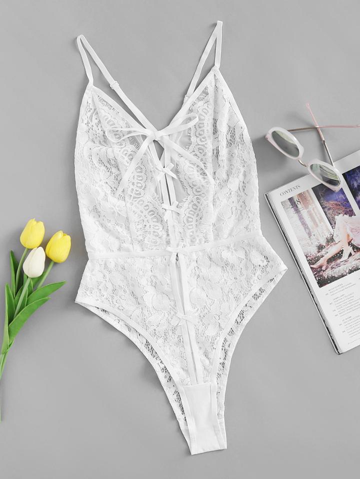 Shein Crisscross Back Bow Front Cami Sleep Bodysuit