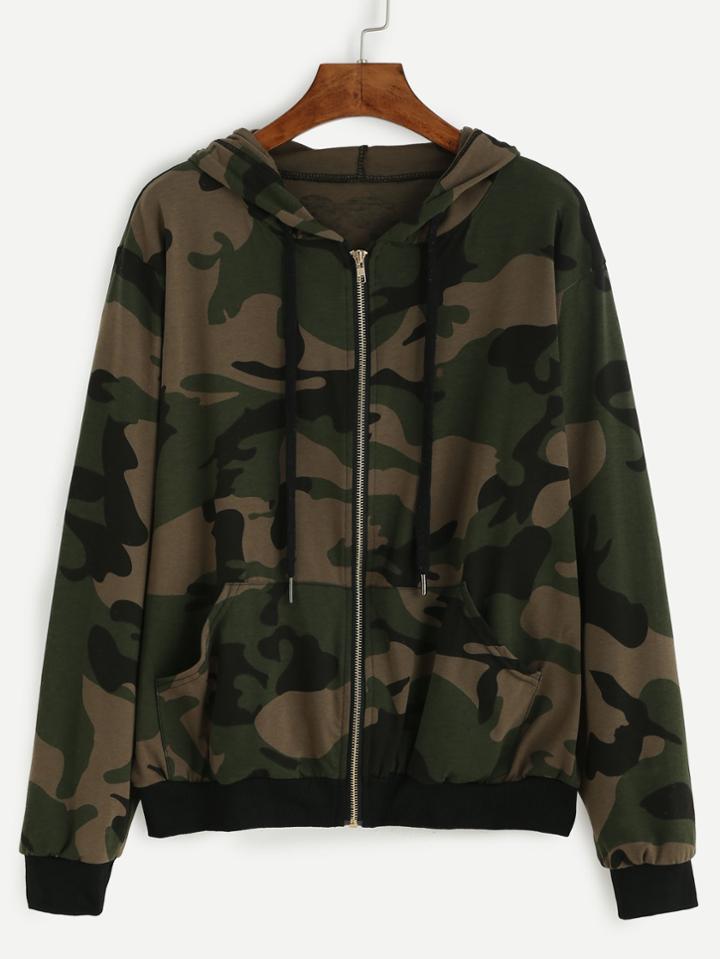 Shein Hooded Camo Print Zipped Jacket