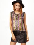 Shein Multicolor Sequin Embroidered Split Back Frayed Denim Tank Top
