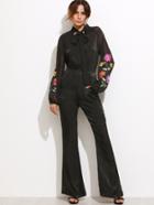Shein Black Tie Neck Sheer Sleeve Embroidered Flare Jumpsuit