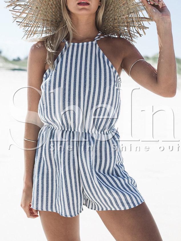 Shein Vertical Stripe Backless Cutaway Jumpsuit