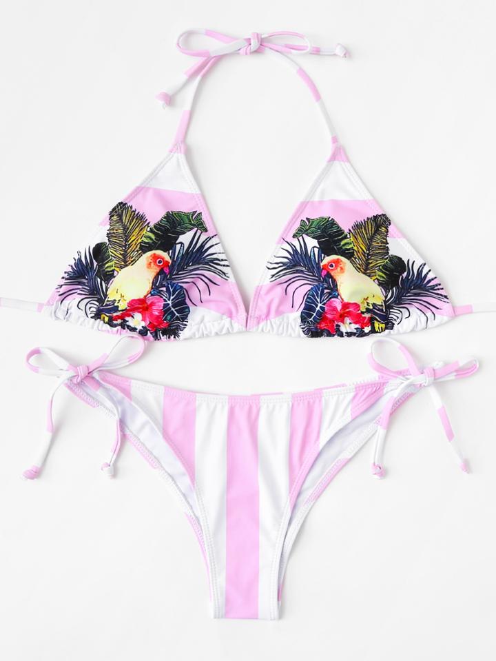 Shein Bird Print Striped Bikini Set
