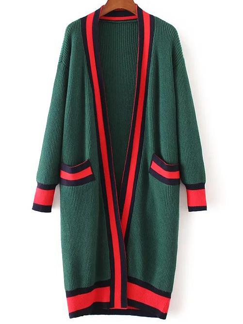 Shein Green Contrast Trim Sweater Coat With Pocket