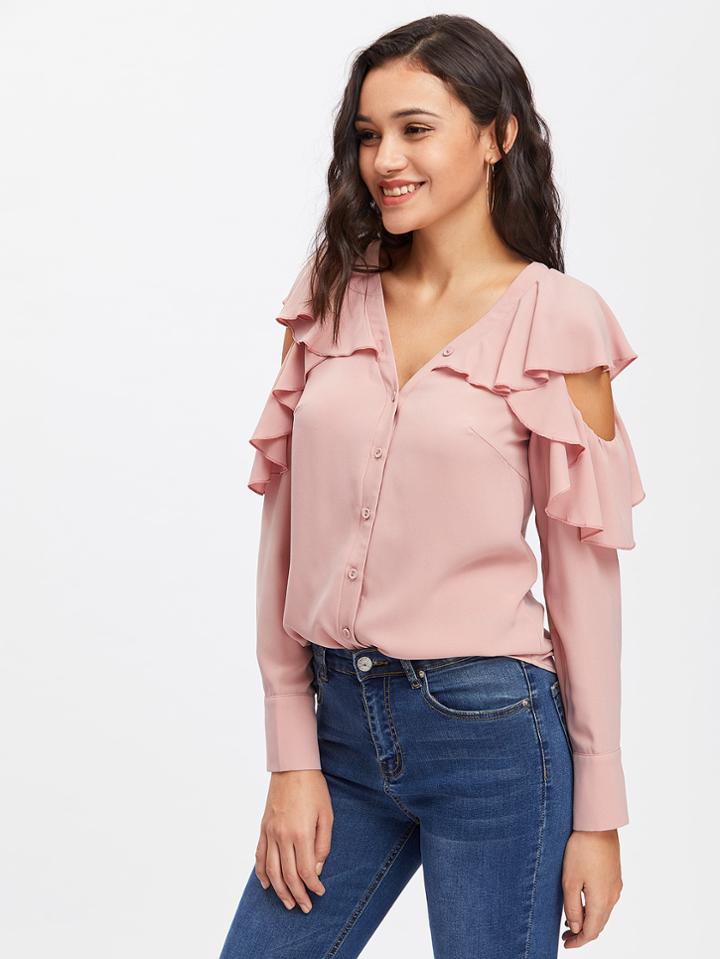 Shein Button Up Flounce Trim Cut Out Shoulder Blouse