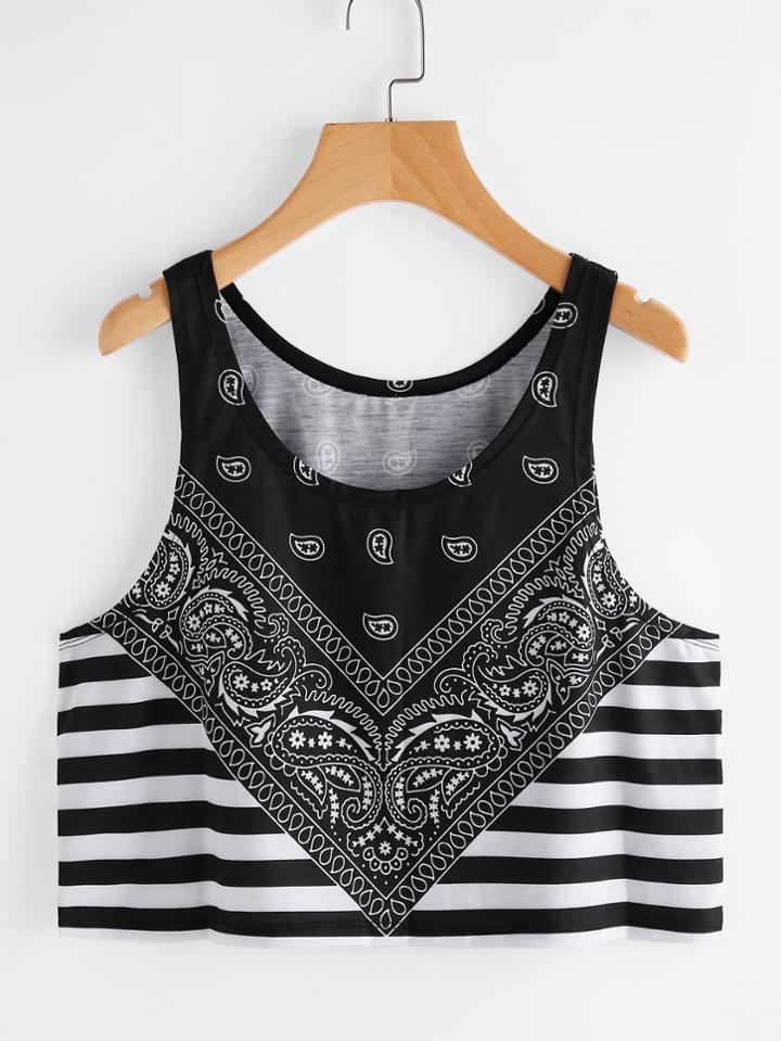 Shein Paisley Print Striped Crop Tank Top