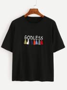 Shein Black Letter Print Tassel Embellished T-shirt