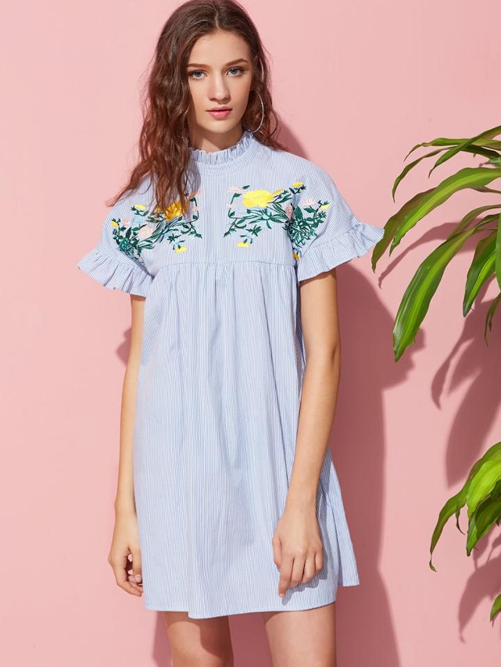 Shein Symmetric Embroidery Yoke Frilled Striped Smock Dress