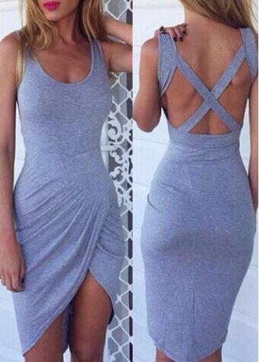 Rosewe Cross Back Sleeveless Grey Asymmetric Dress