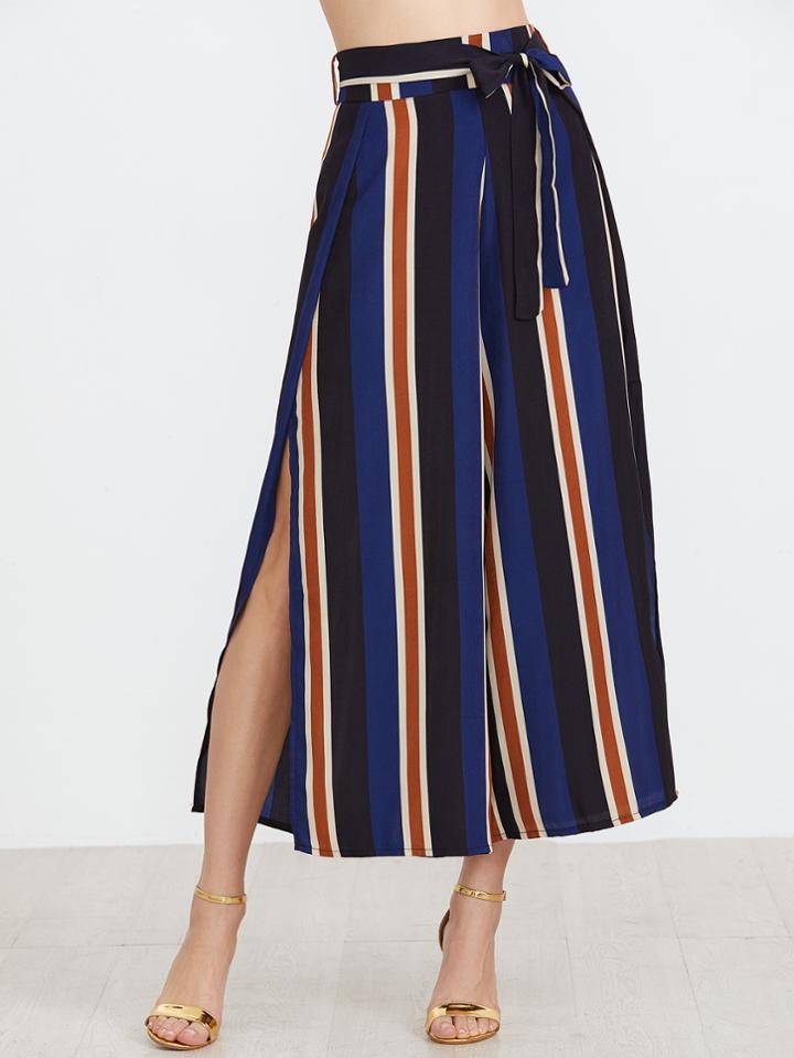 Shein Vertical Striped Slit Side Wide Leg Pants With Belt